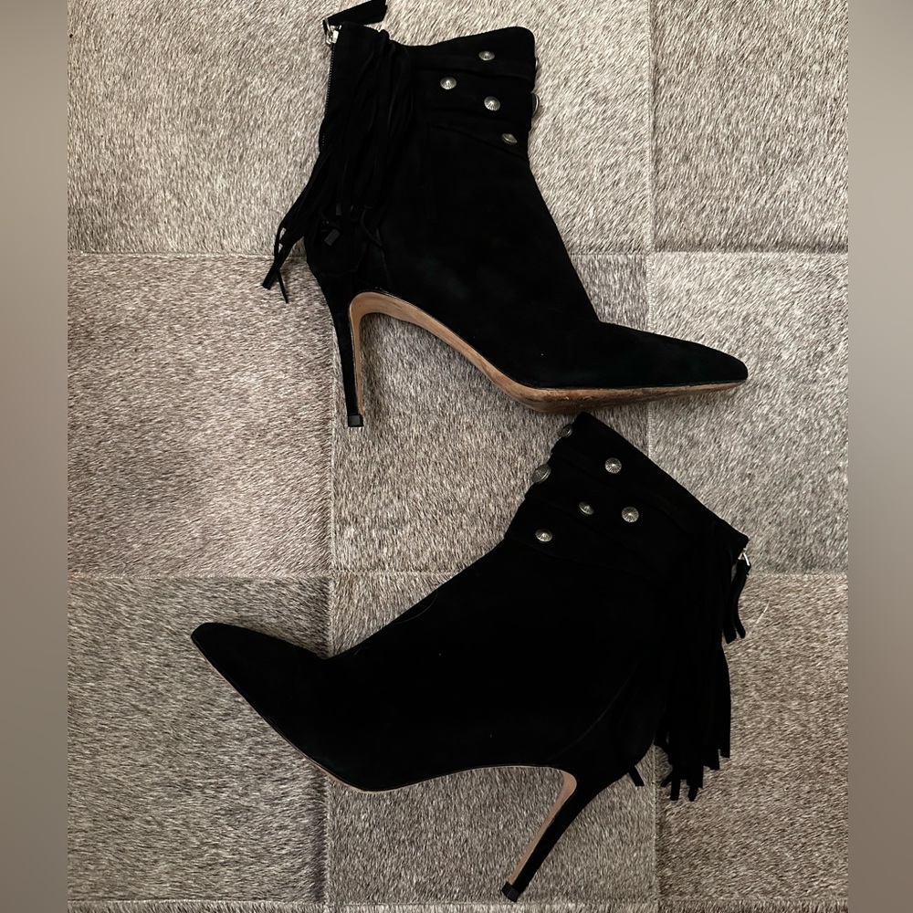 PAIGE Suede Studded Fringe Leah Ankle Boots in Black